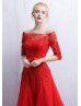 Off Shoulder Beaded Red Lace Tulle Charming Evening Dress